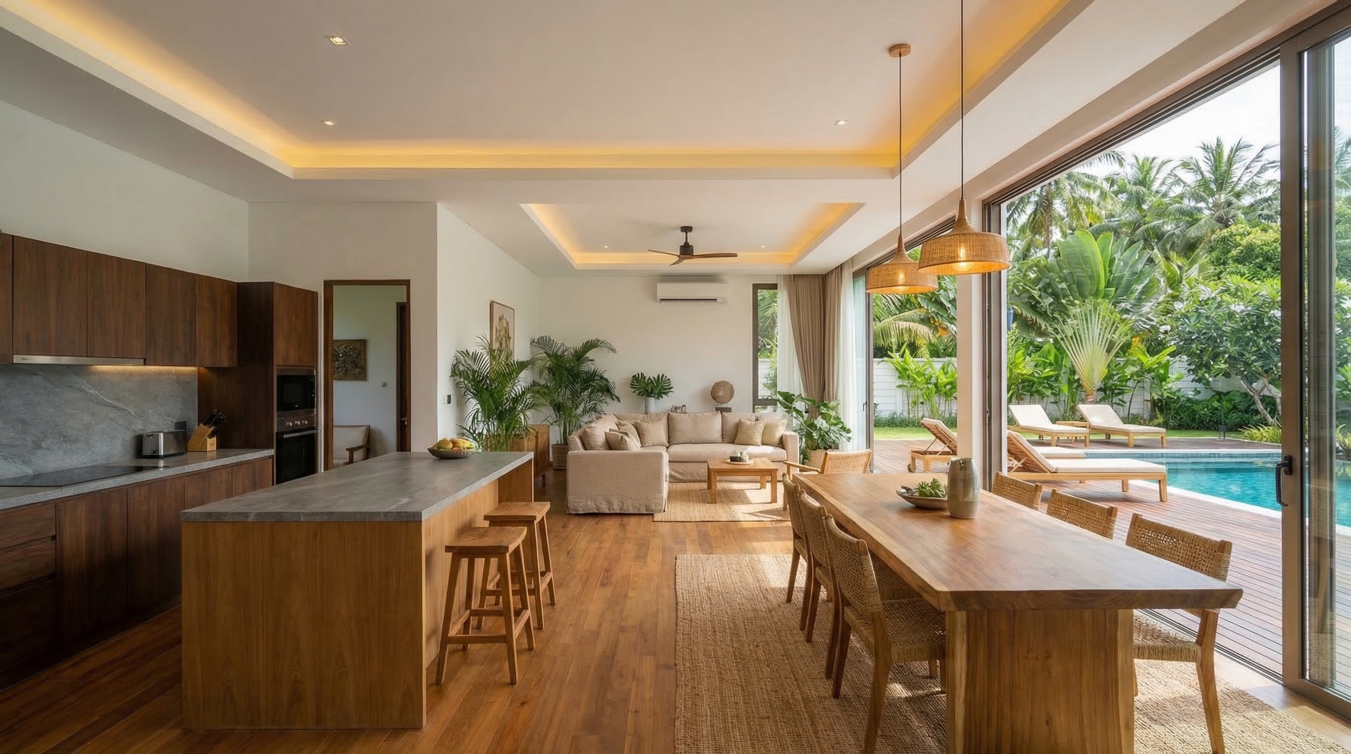 Open living space flowing to the pool terrace